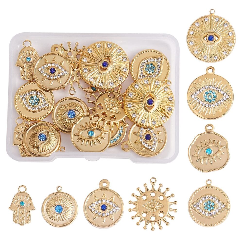 1835 16 Pieces Evil Eye Charms 304 Stainless Steel Round Hamsa Hand Evil